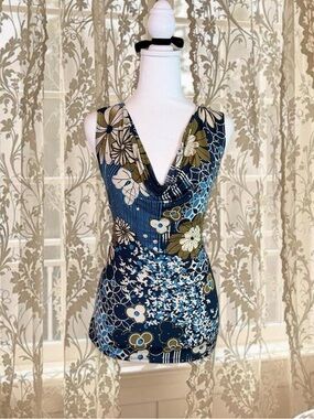 Vintage Y2K Fairycore Blue Floral Cowl Neck Sparkly Top